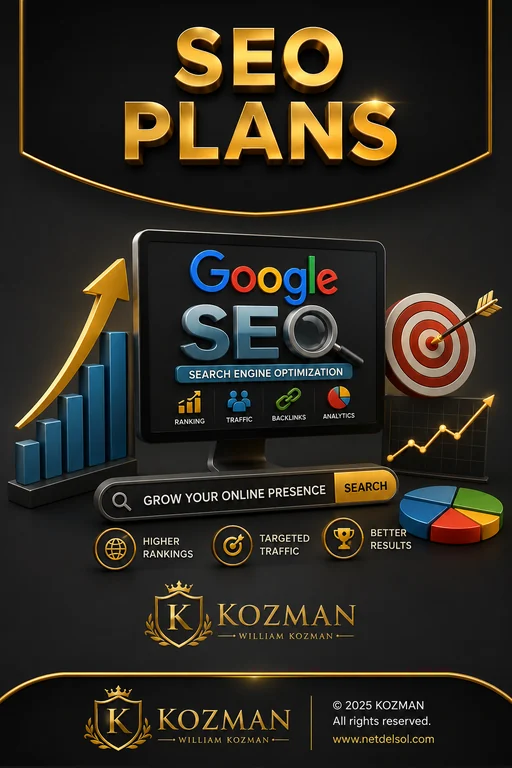 Net Del Sol SEO plans service pillar showing search engine optimisation and growth charts.