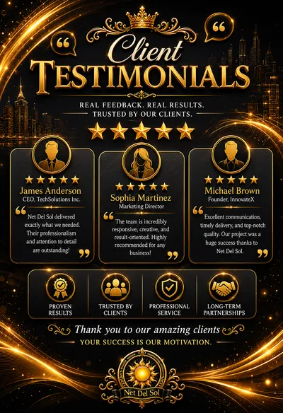 Net Del Sol client testimonials design with gold stars and premium black-and-gold customer review layout